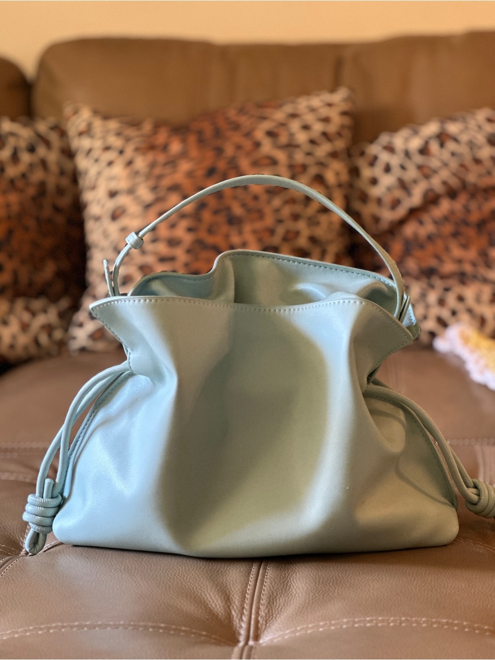 Elegant Light Green Genuine Leather Bucket Bag